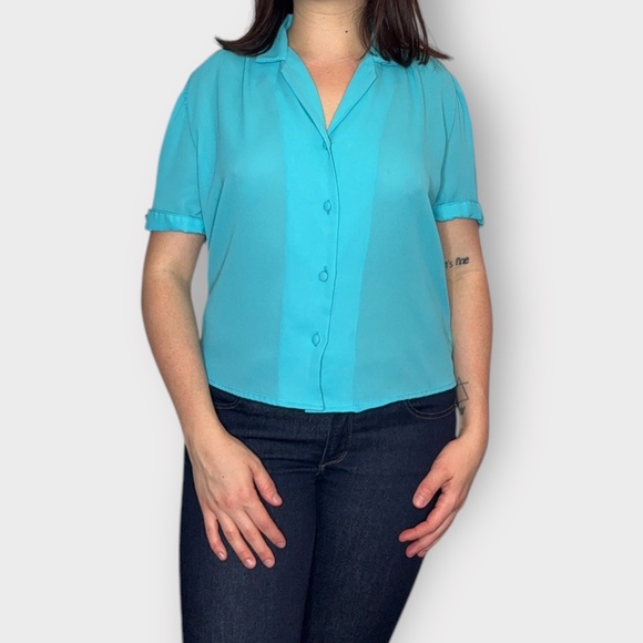 Vintage Late 1970s / Early 1980s “Mariposa” Bright Blue Short Sleeve Button Down - Picture 2 of 7